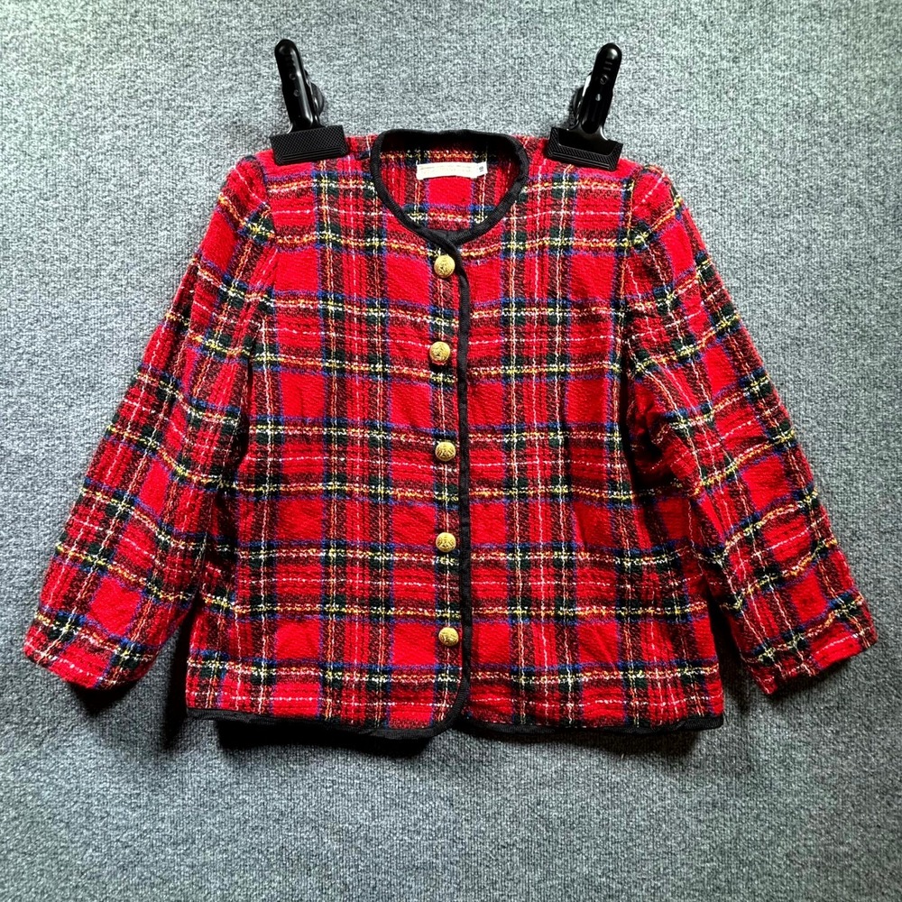 Vintage Leo Narducci Tweed Jacket Womens 18 Red Plaid Lined Gold Crest Buttons